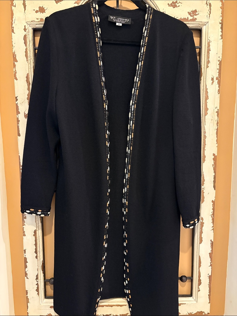 St. John Black Long Sleeve Open Front Knit Cardigan withTrim